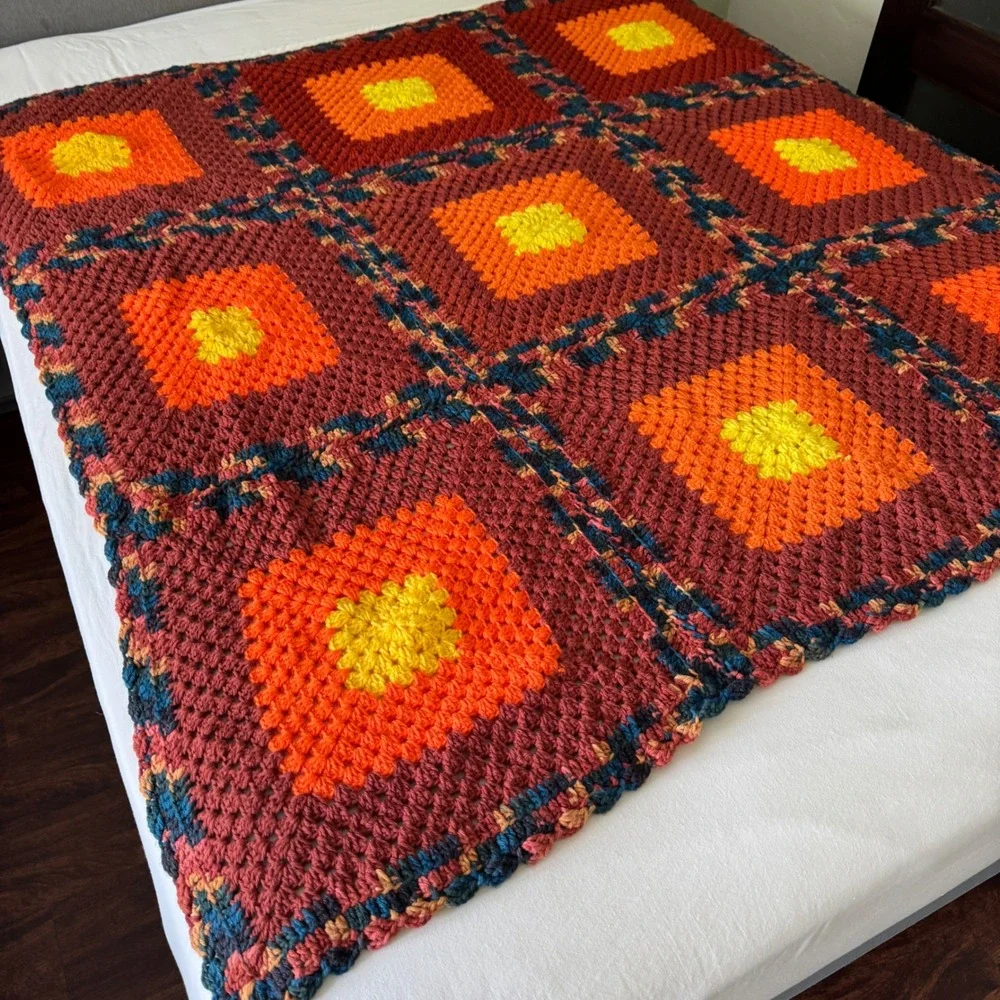 Vintage Handmade Crochet Granny Square Afghan Knit Throw Blanket Orange Maroon